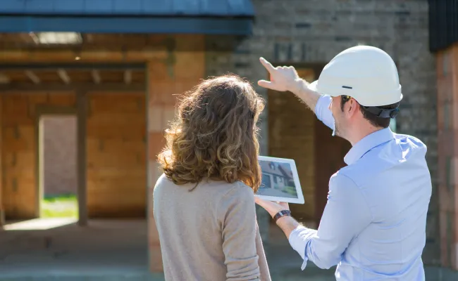 Junge Frau und Architekt auf einer Baustelle
